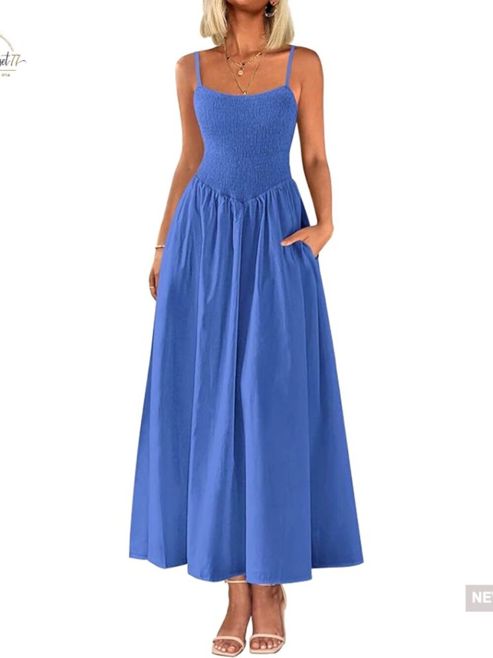 Smocked Maxi Sundress with Pockets, Spaghetti Strap A-Line Beach Dress